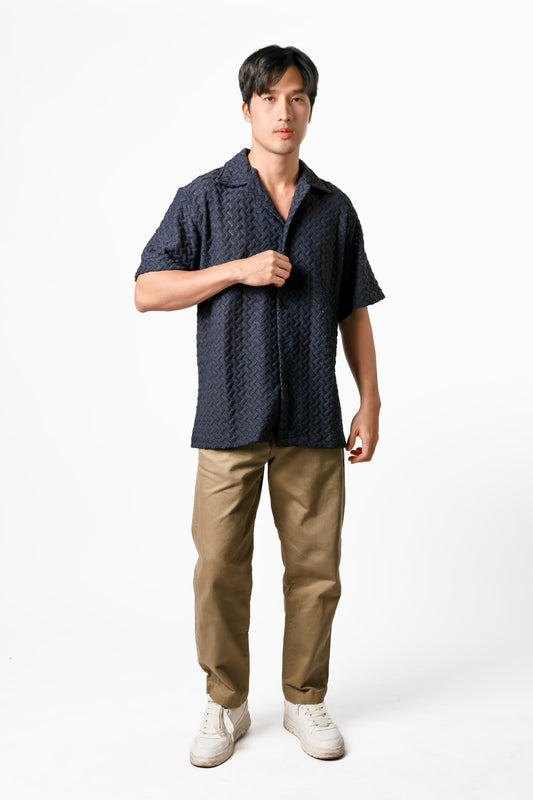 Chevron Weave Open Collar Polo – Midnight Navy
