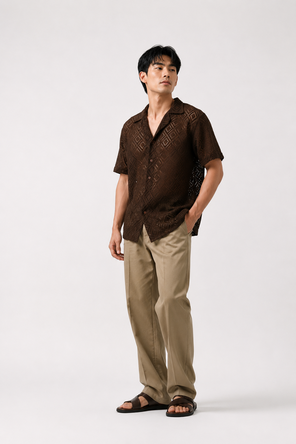 Diamond Weave Open Collar Polo – Deep Brown