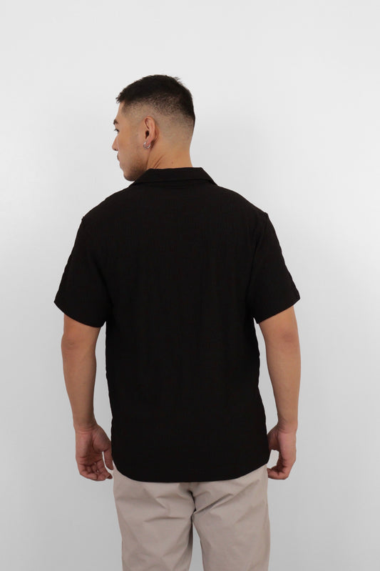 Black Seersucker Camp Shirt
