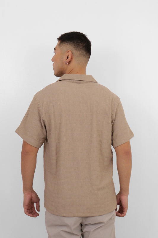Beige Seersucker Camp Shirt