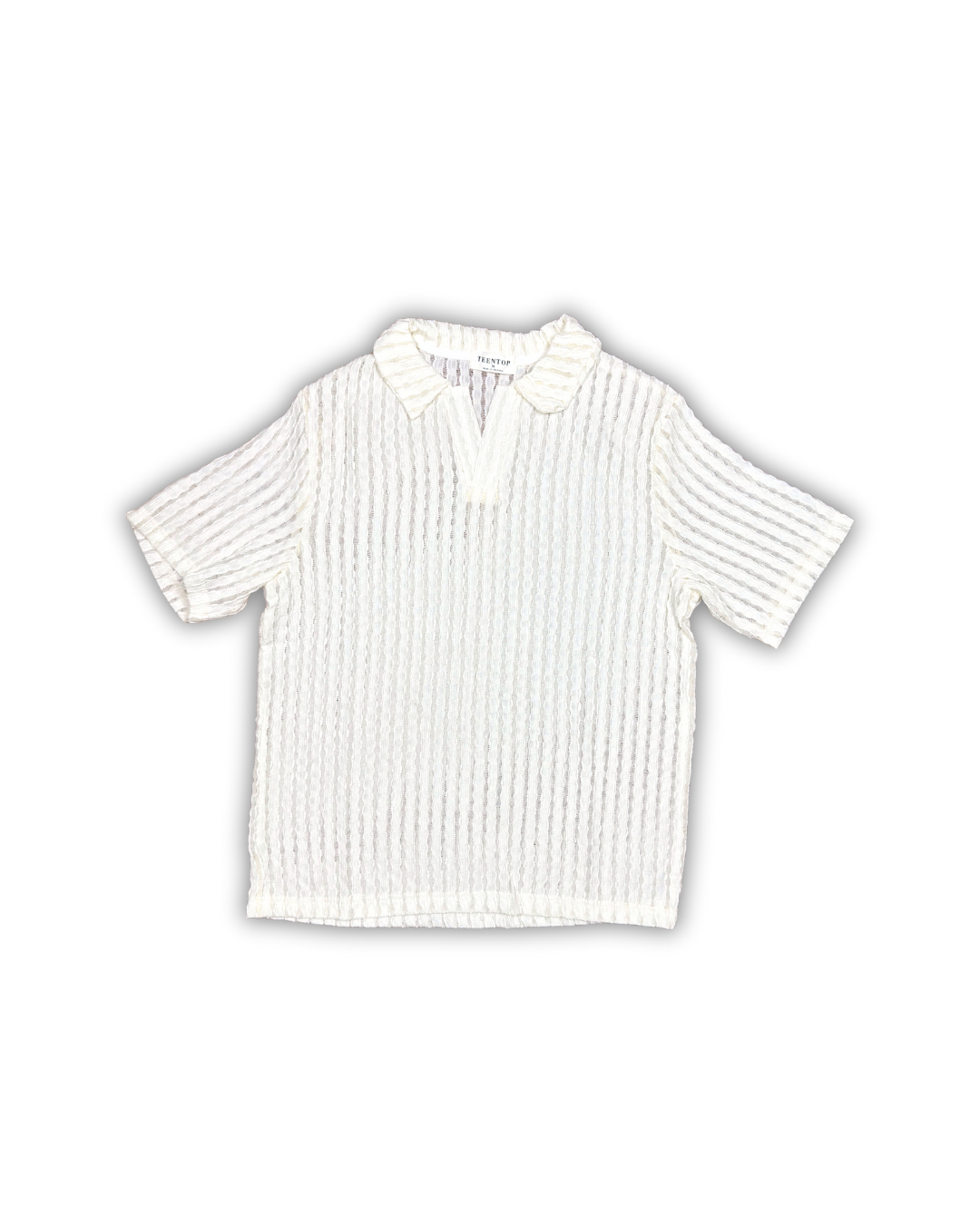 White Textured Knit Open Collar Polo