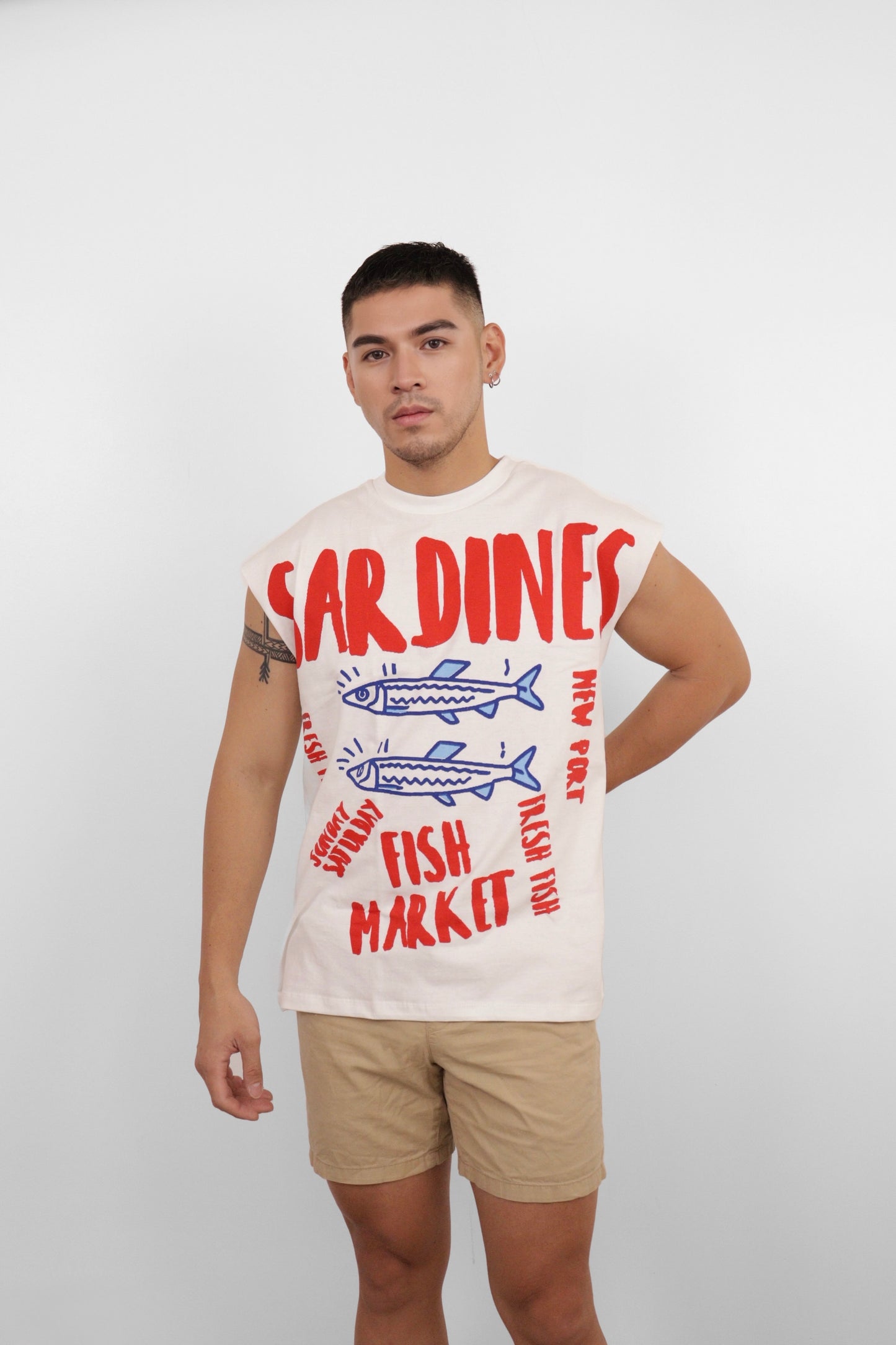 White Sardines Fish Market Muscle Tee