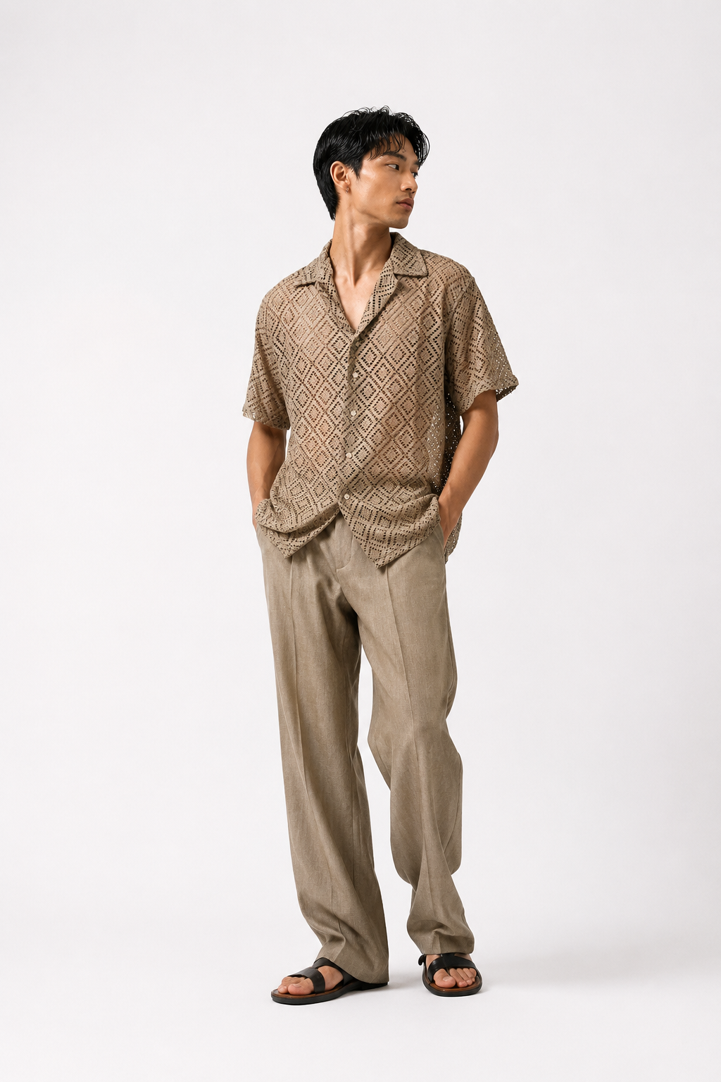 Diamond Weave Open Collar Polo – Sand