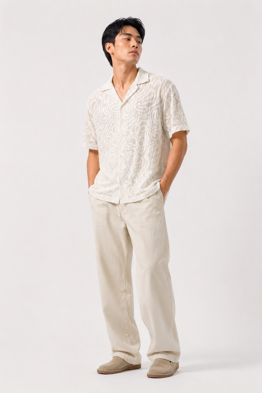 Textured Swirl Open Collar Polo – Light Sand