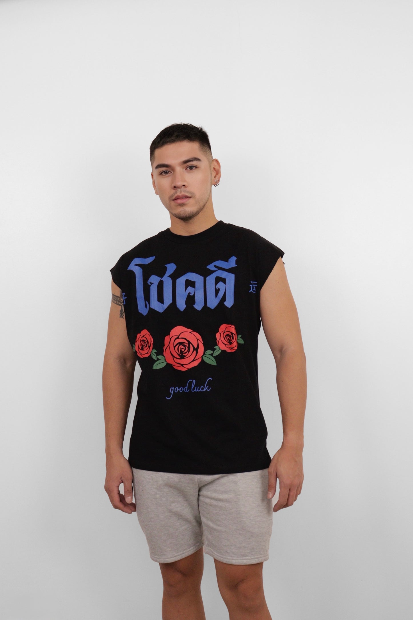 Black Good Luck Rose Muscle Tee