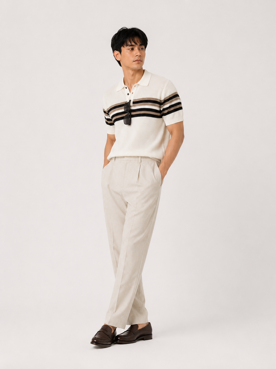 Ivory Horizon Striped Knitted Polo