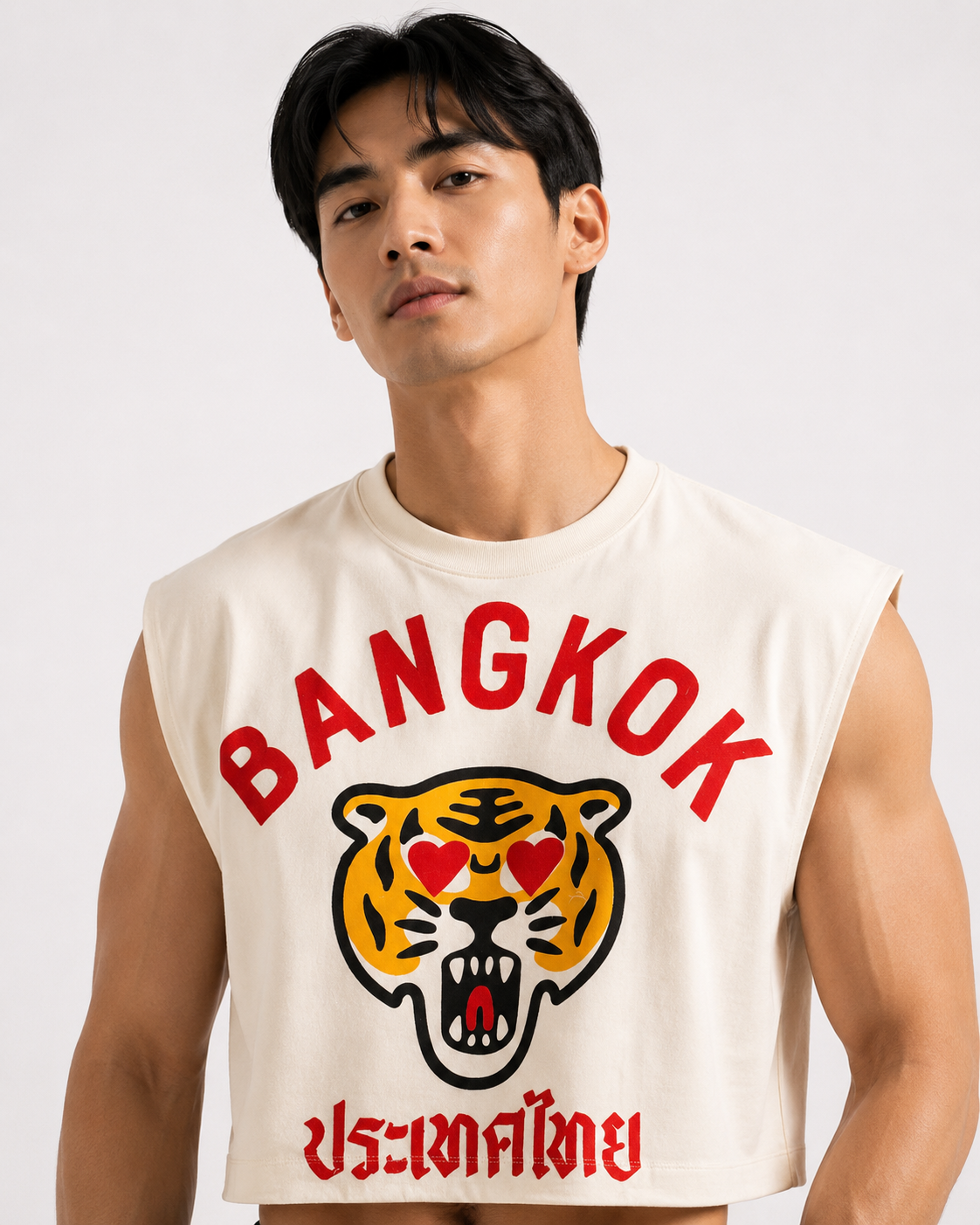 Bangkok Tiger Love Cream Cropped Muscle Tee