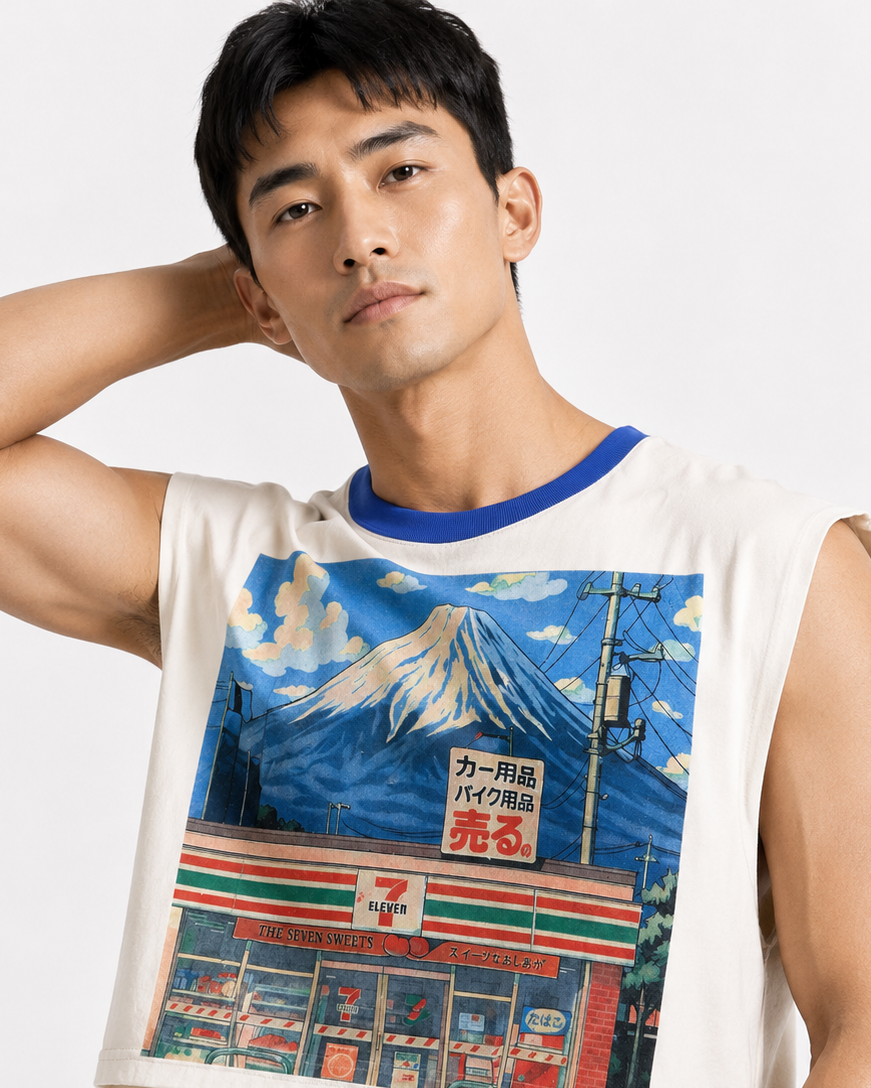 711 & Fuji Blue Ribbed Cropped Muscle Tee