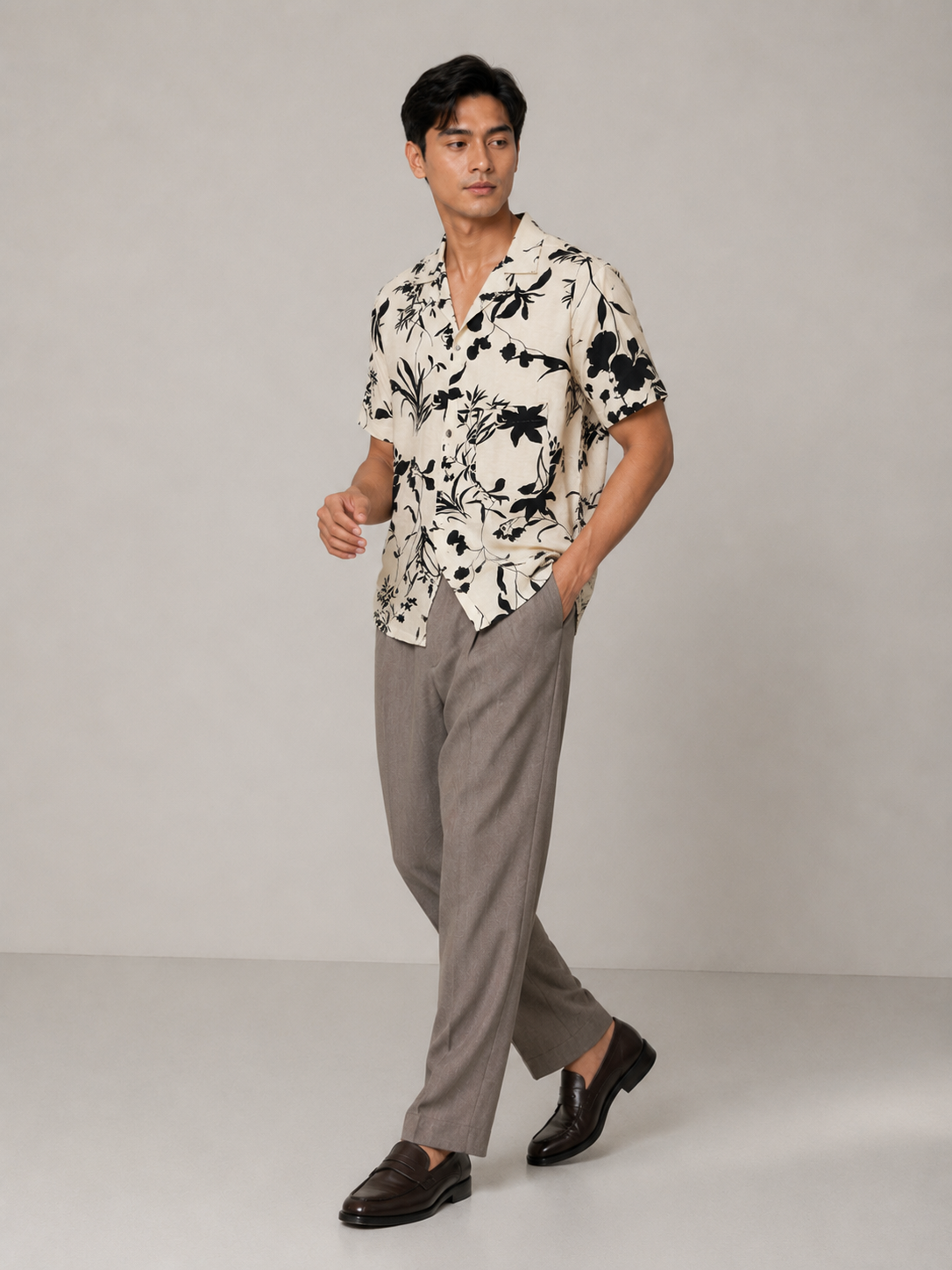 Monochrome Botanical Resort Shirt - Slimfit