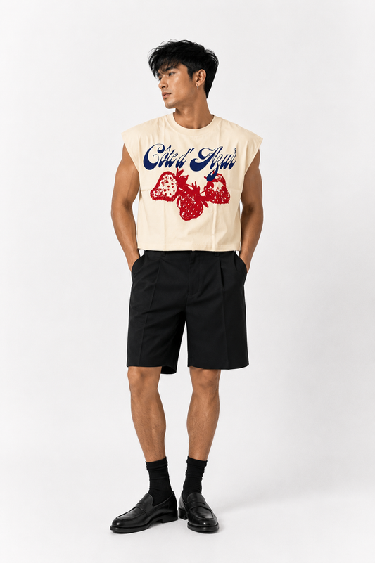 Côte d’Azur Strawberry Cropped Muscle Tee — Cream