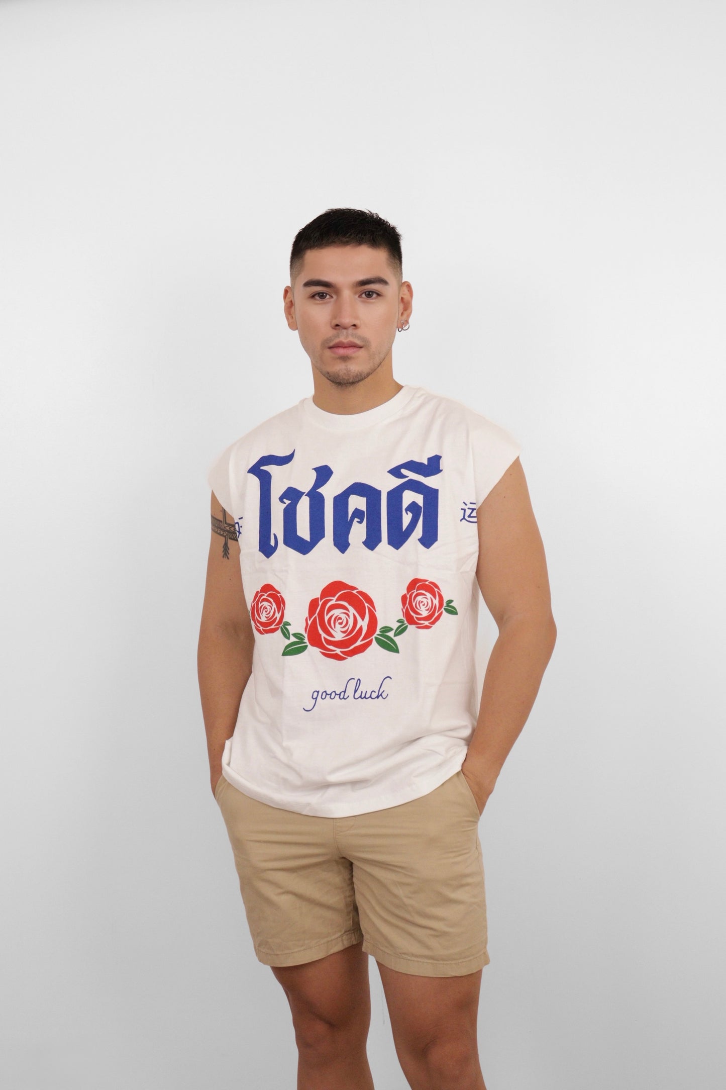 White Good Luck Rose Muscle Tee