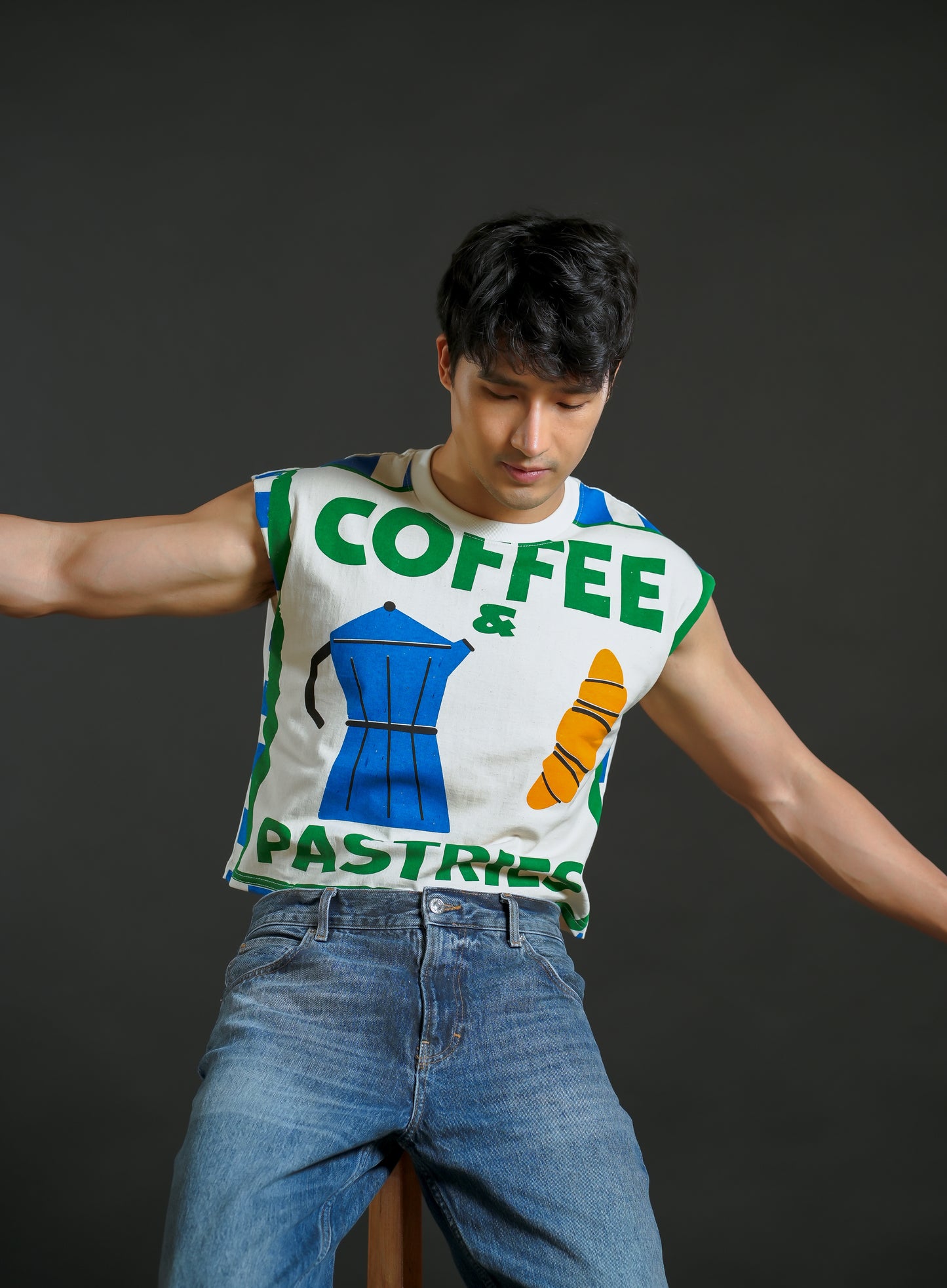 Coffee and Pastries Cropped Muscle Tee – Blue Variant