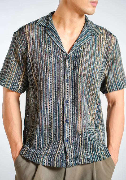 Vertical Textured Knit Resort Shirt in Ocean