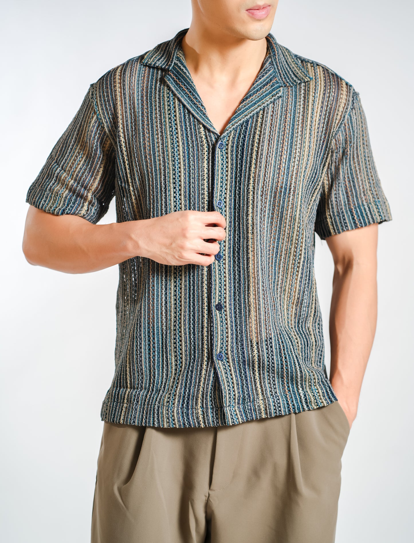 Vertical Textured Knit Resort Shirt in Ocean