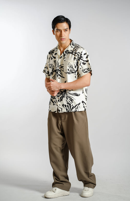 Sketch Floral Resort Shirt in Ivory - Slim
