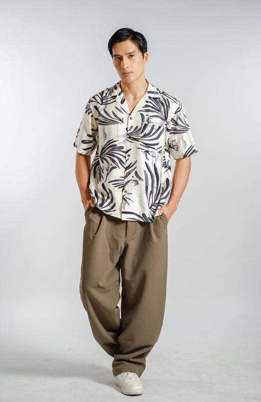 Tropical Botanical Resort Shirt in Ivory