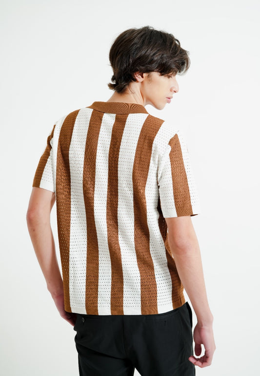 Brown & White Vertical Stripe Crochet Polo