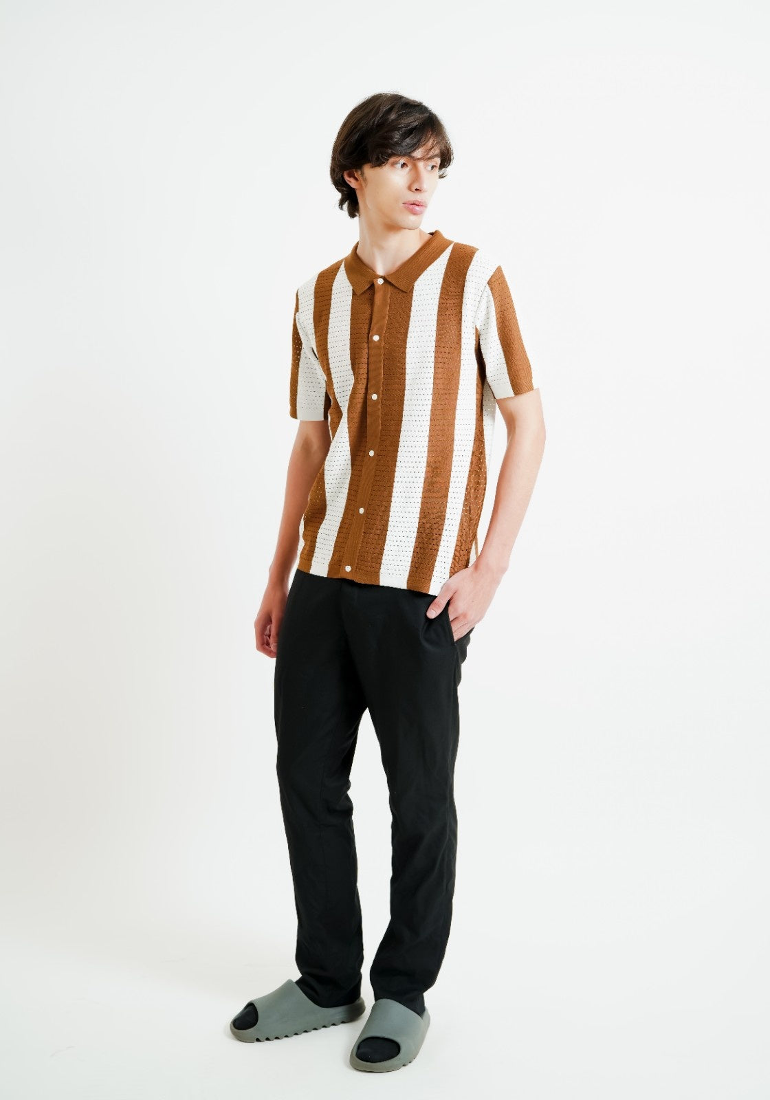 Brown & White Vertical Stripe Crochet Polo
