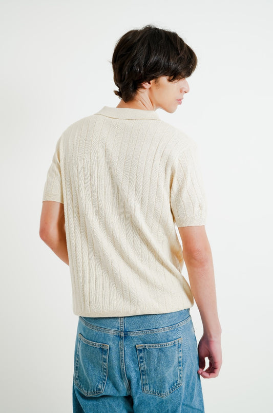 Beige Ribbed Knit Polo