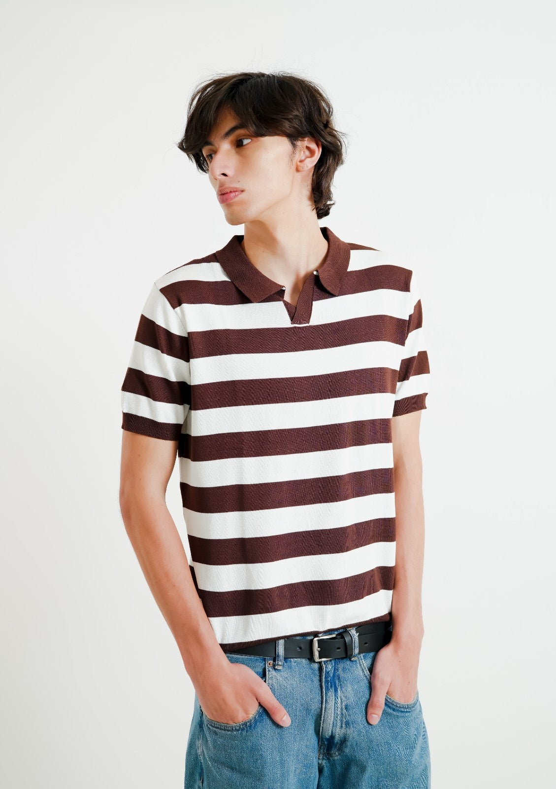 Brown & White Bold Stripe Polo