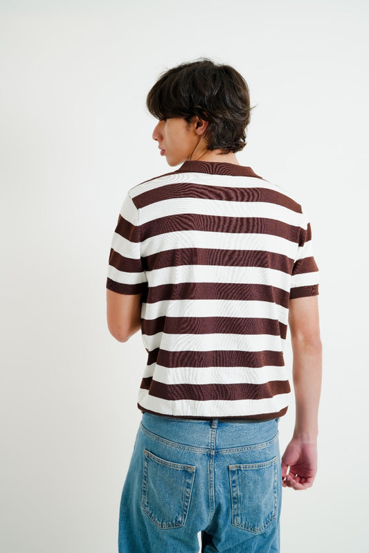 Brown & White Bold Stripe Polo