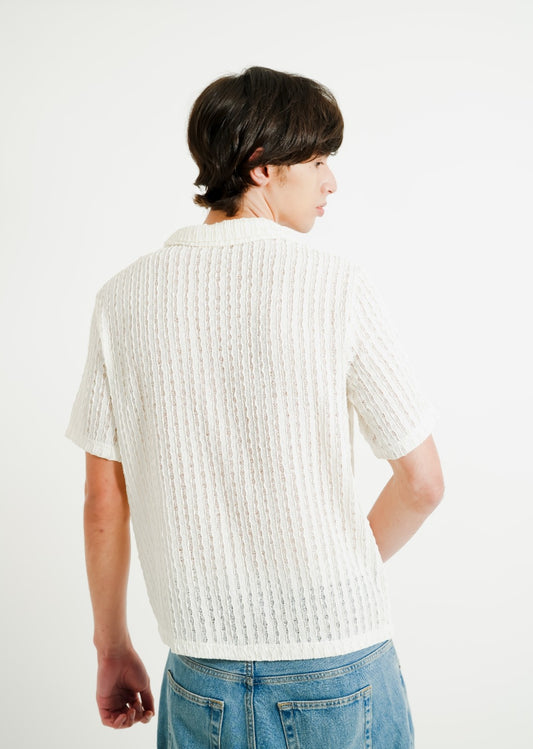 White Textured Knit Open Collar Polo