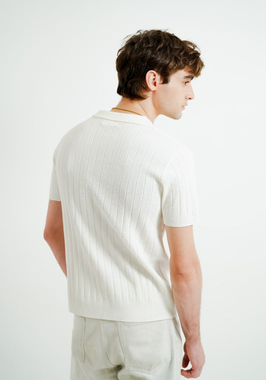 White Ribbed Knit Polo