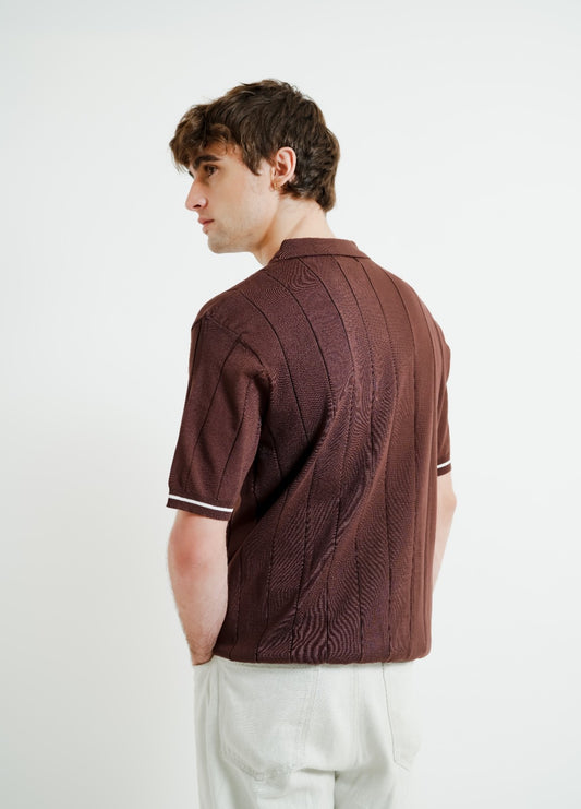 Brown Ribbed Knit Polo