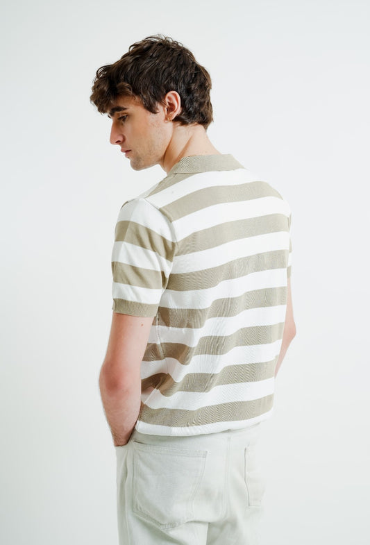 Beige & White Bold Stripe Polo