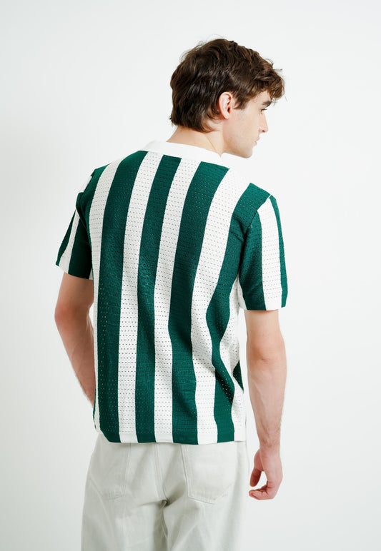 Green & White Vertical Stripe Crochet Polo