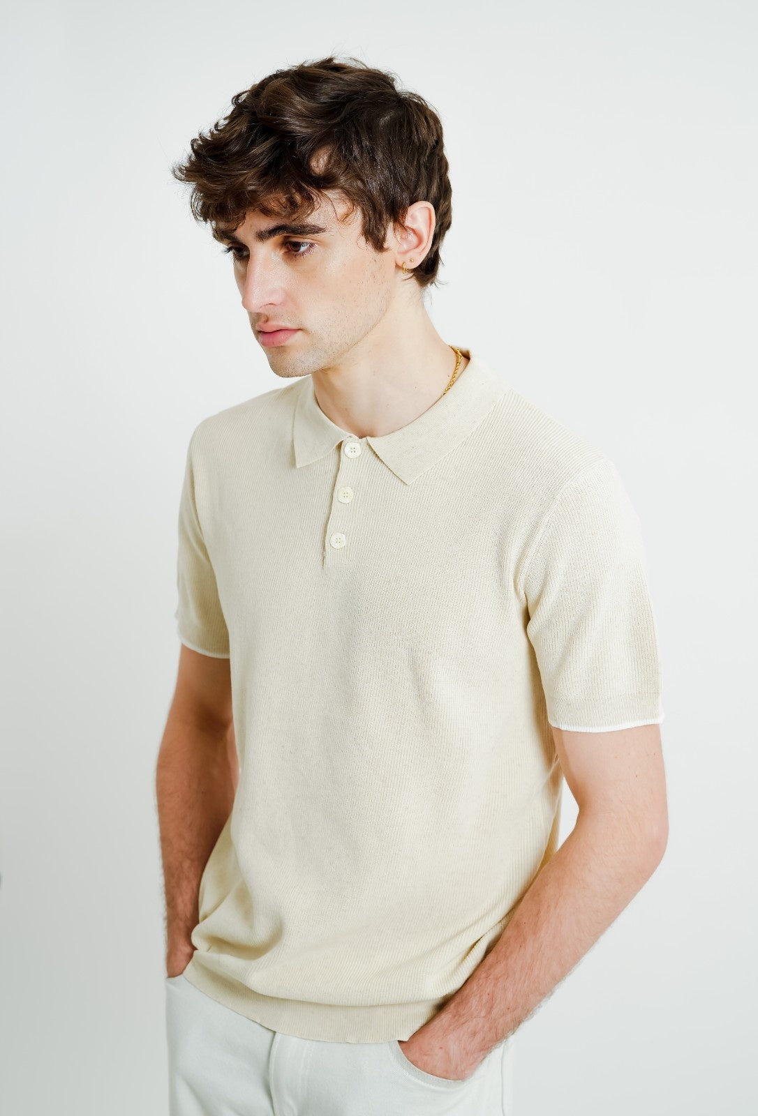 Beige Knit Button Polo