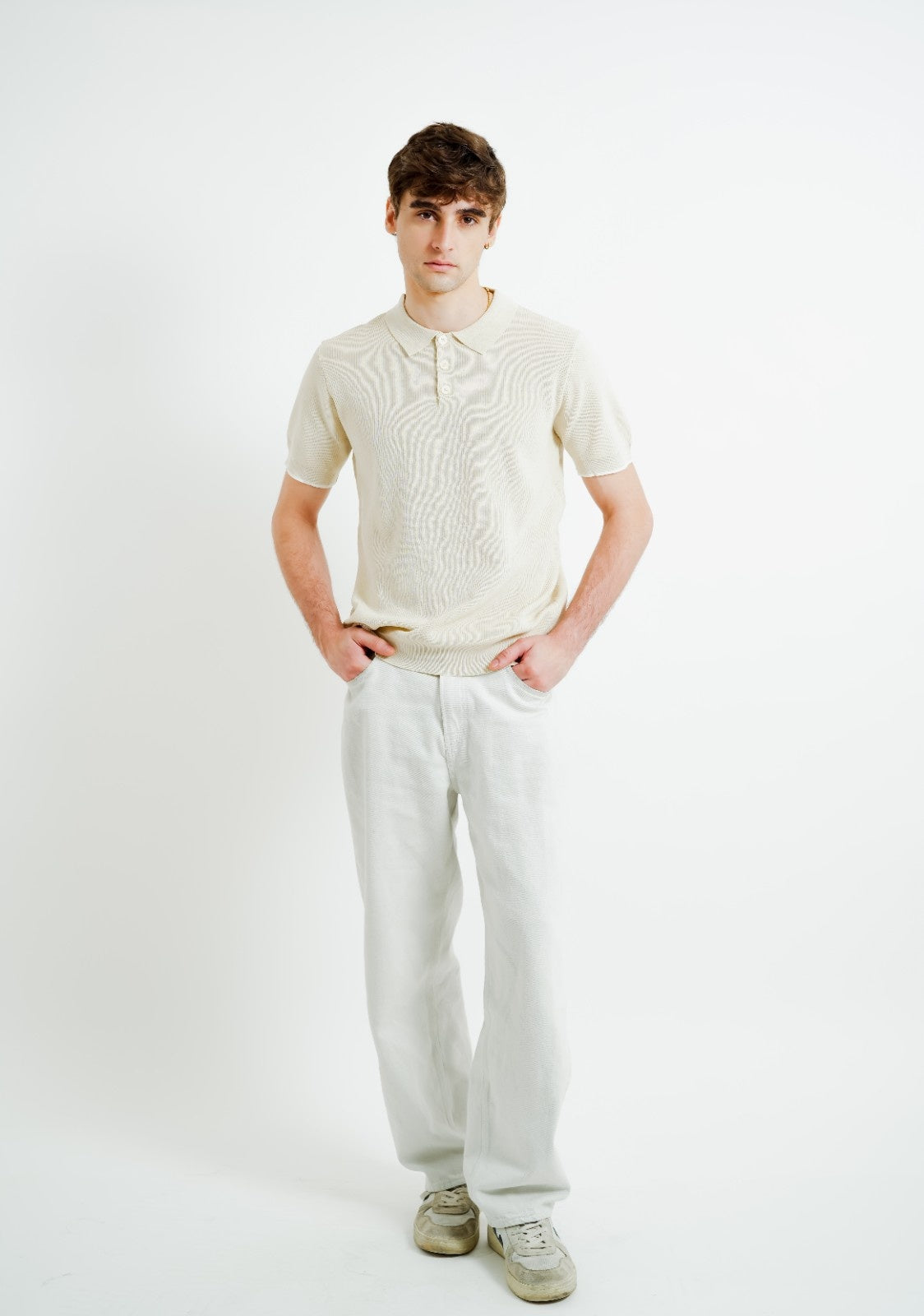 Beige Knit Button Polo