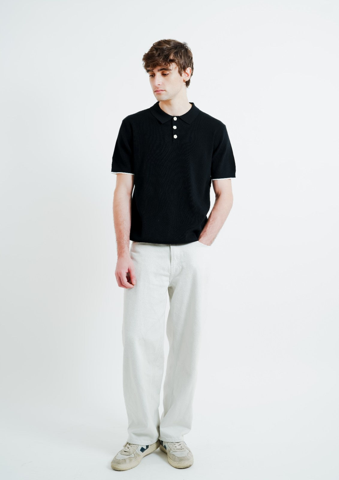 Black Knit Button Polo
