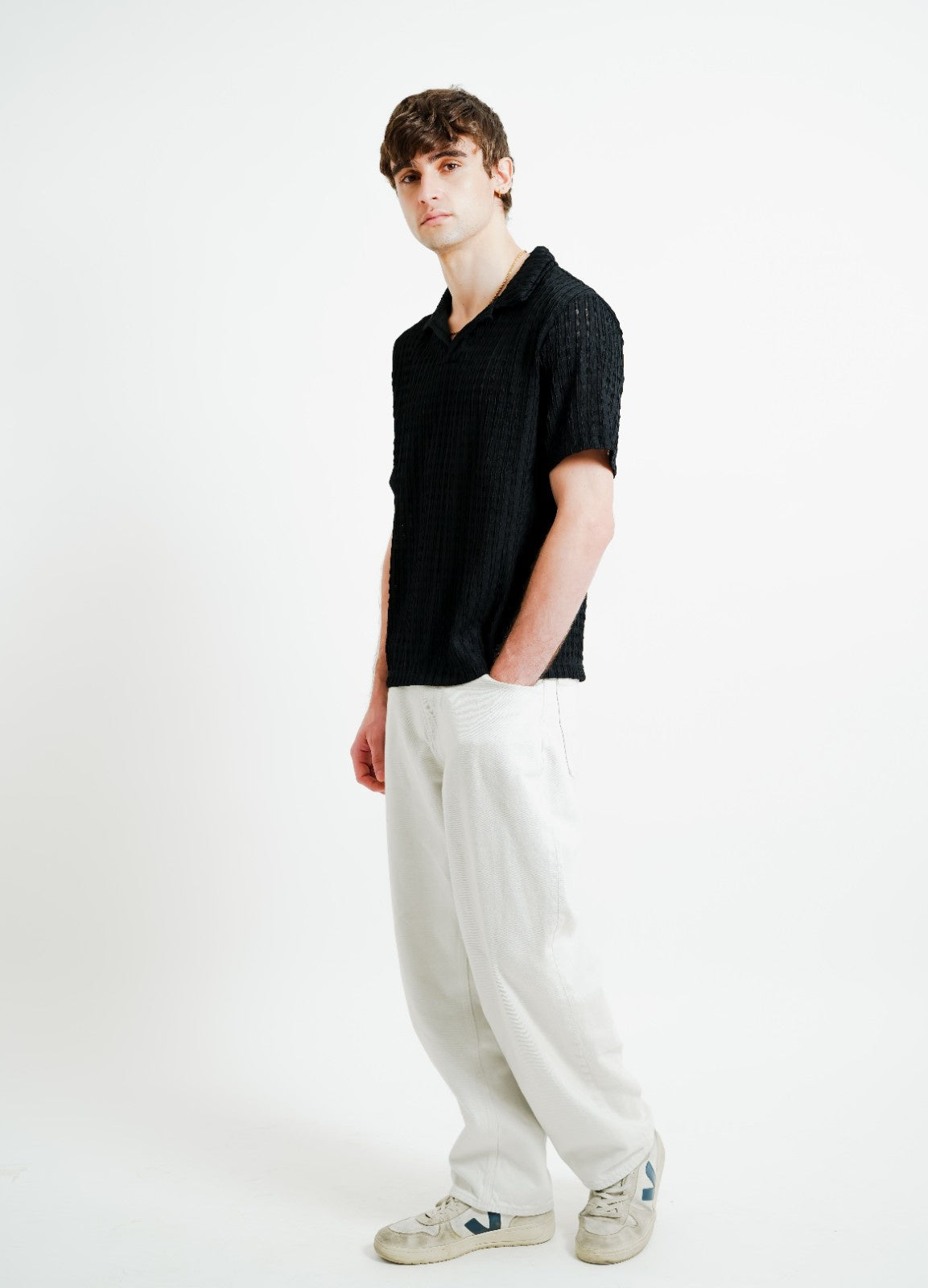 Black Textured Knit Open Collar Polo