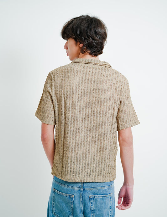 Beige Textured Knit Open Collar Polo