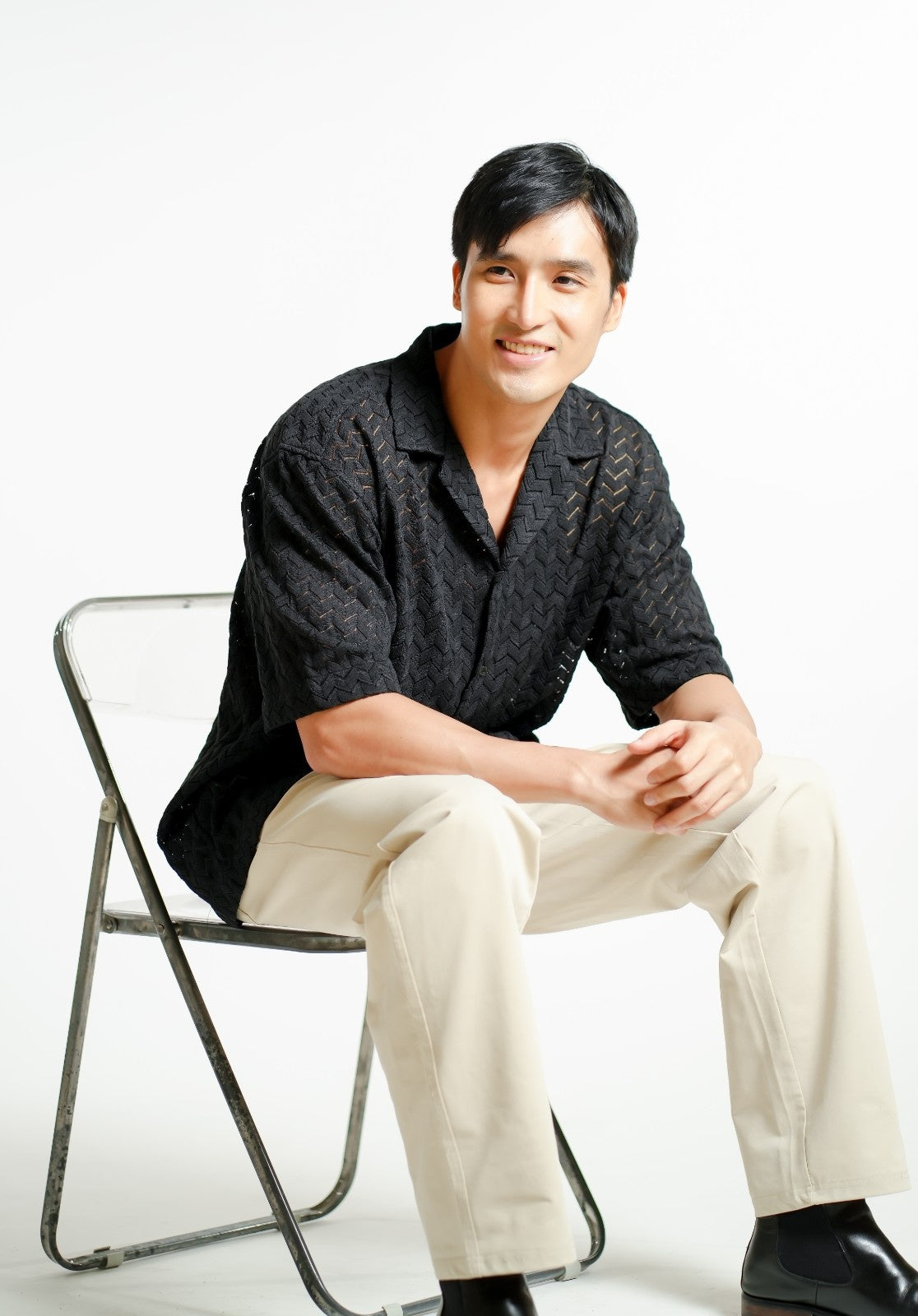 Black Textured Knit Open-Collar Polo