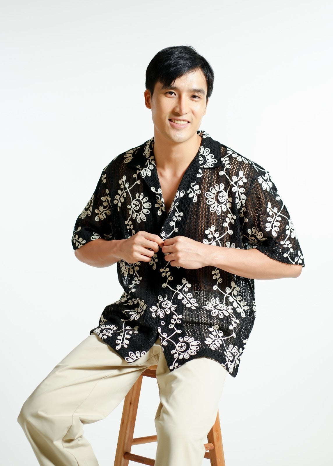 Black Embroidered Mesh Open-Collar Polo