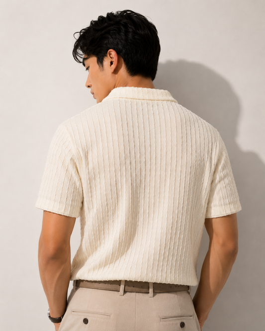 White Textured Knit Open Collar Polo