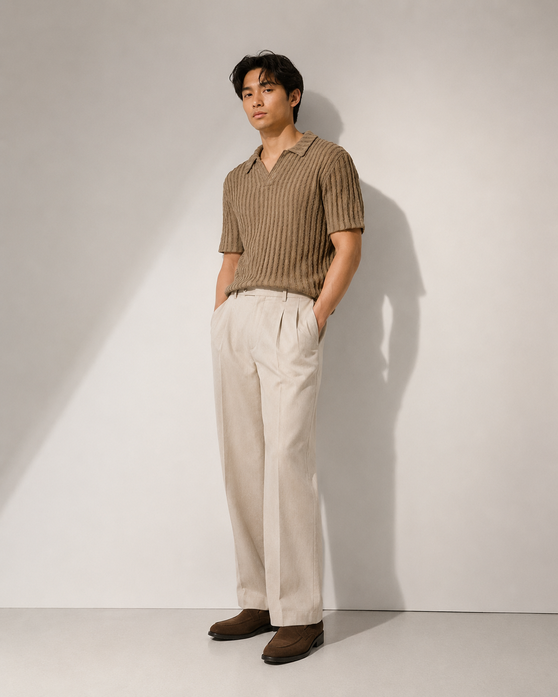Beige Textured Knit Open Collar Polo