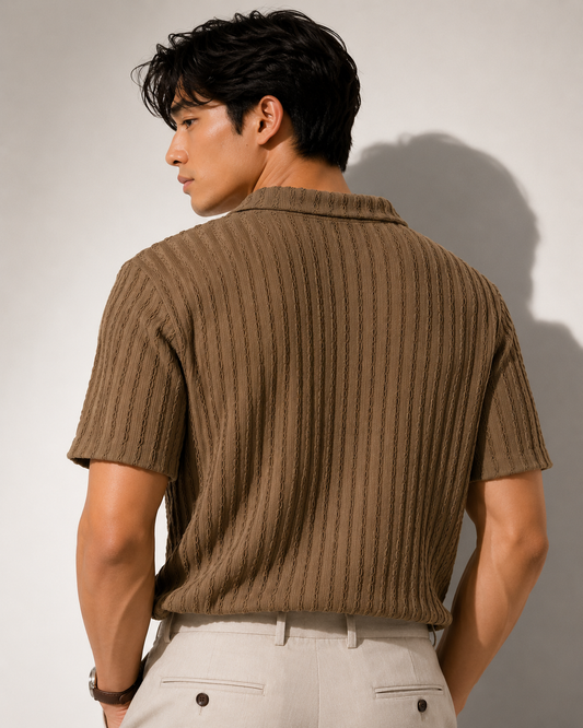 Beige Textured Knit Open Collar Polo
