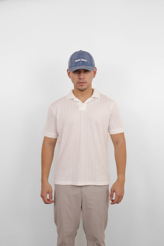 White Textured Knit Polo