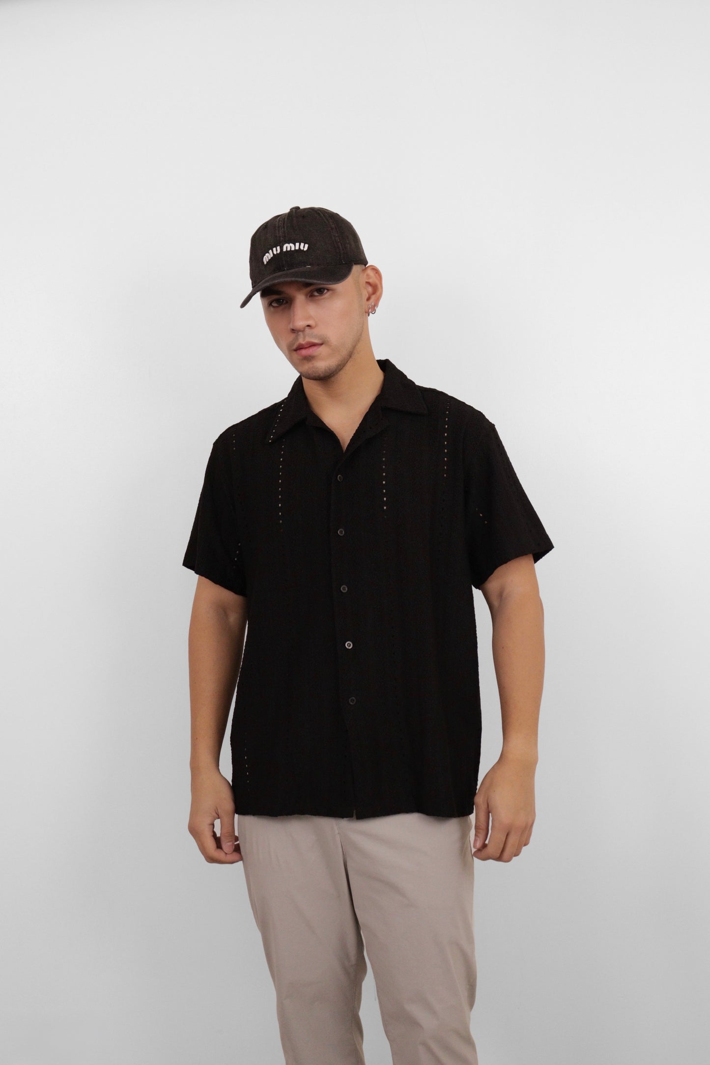 Black Textured Camp Shirt