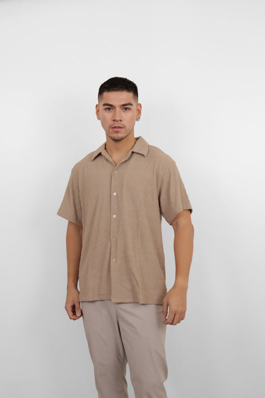 Beige Seersucker Camp Shirt