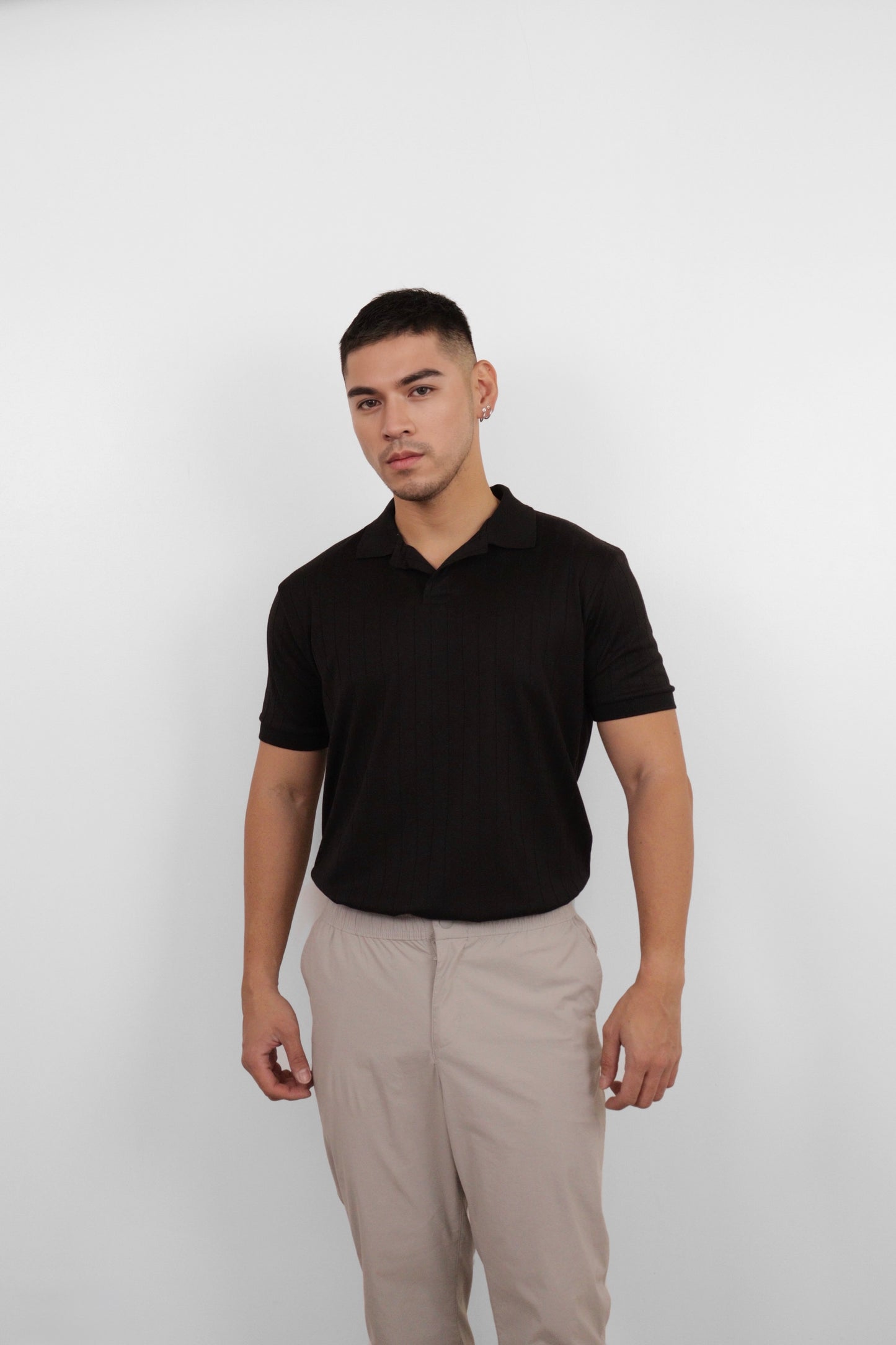 Black Textured Knit Polo