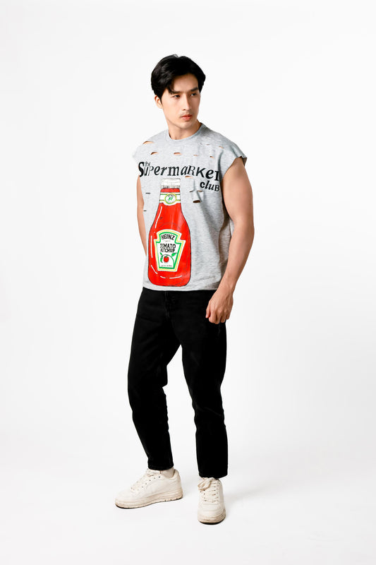 Supermarket Club Distressed Muscle Tee — Heather Grey