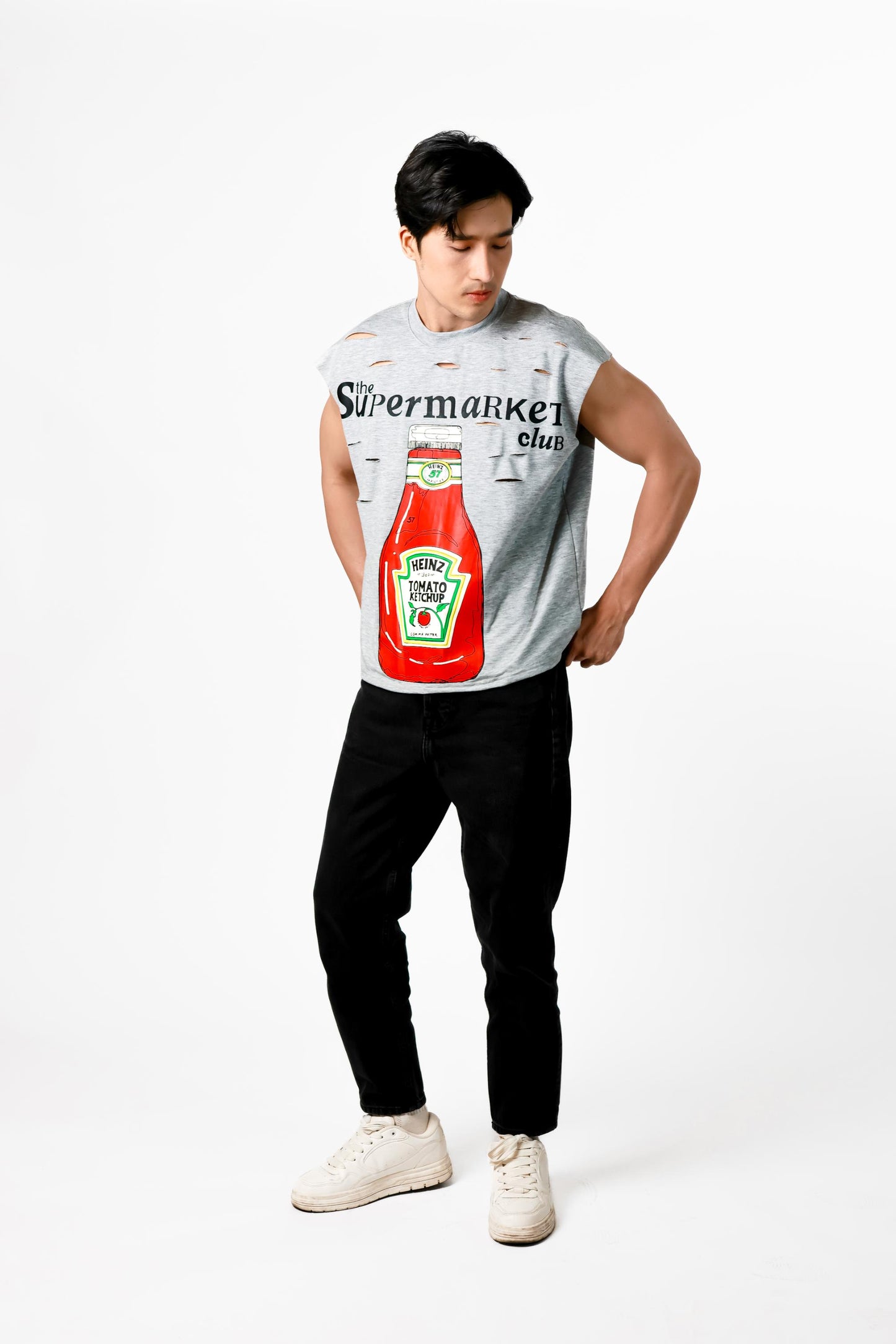 Supermarket Club Distressed Muscle Tee — Heather Grey