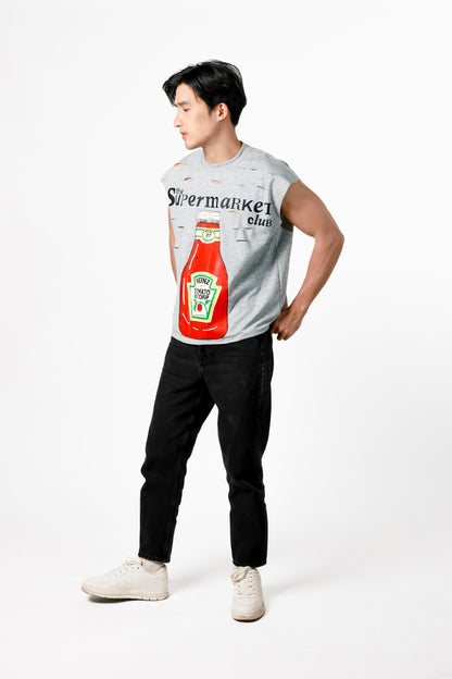 Supermarket Club Distressed Muscle Tee — Heather Grey