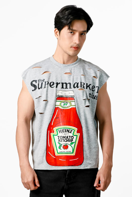 Supermarket Club Distressed Muscle Tee — Heather Grey