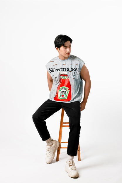 Supermarket Club Distressed Muscle Tee — Heather Grey