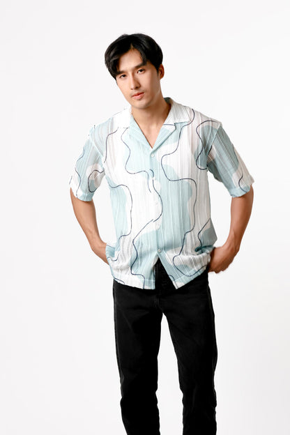 Abstract Line Open Collar Polo – Sky